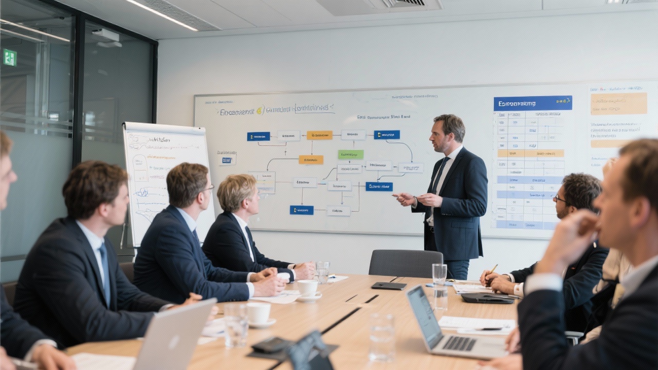 Finance consultants facilitating a governance workshop for Dutch executives with whiteboard process flows, scenario matrices, and European regulatory updates in a modern meeting room.