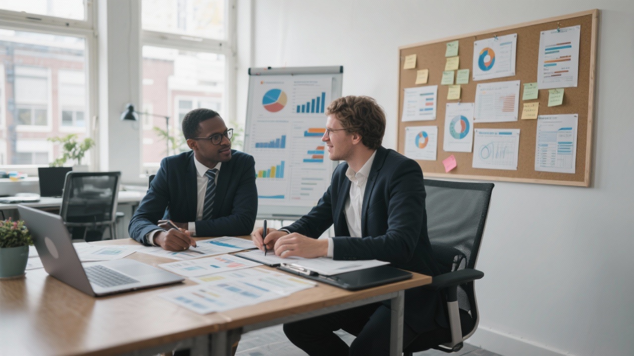 Two finance consultants in an Amsterdam office collaborating over detailed financial reports, laptops, and planning boards while preparing for a client strategy session.