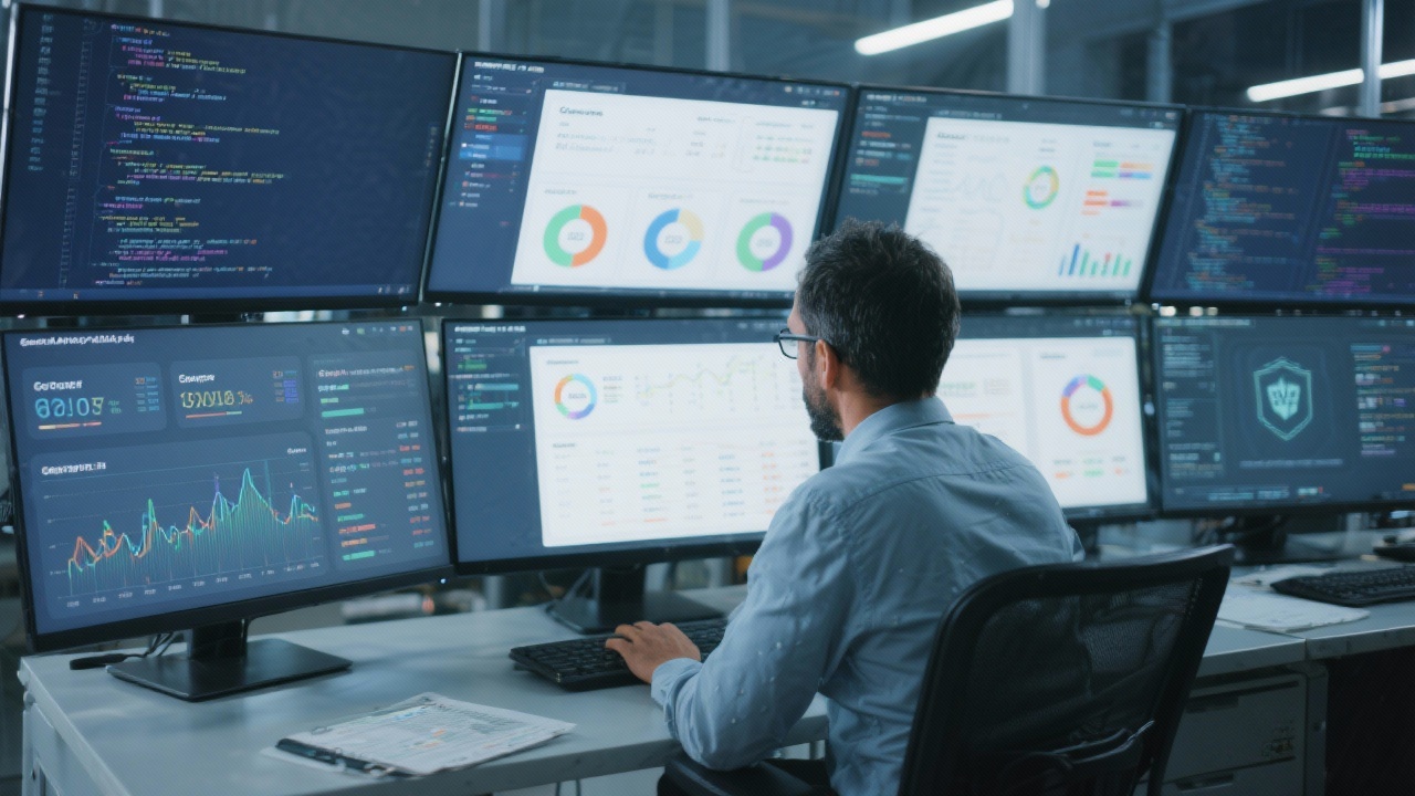 Analytics specialist configuring predictive finance models on multiple monitors displaying dashboards, code snippets, and governance scorecards in a secure environment.