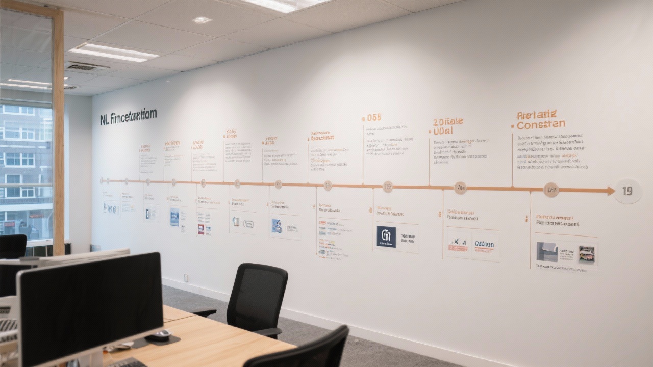 Timeline wall in an Amsterdam office illustrating growth milestones, client projects, and regulatory updates monitored by NL Finance Consult consultants since the company launch.